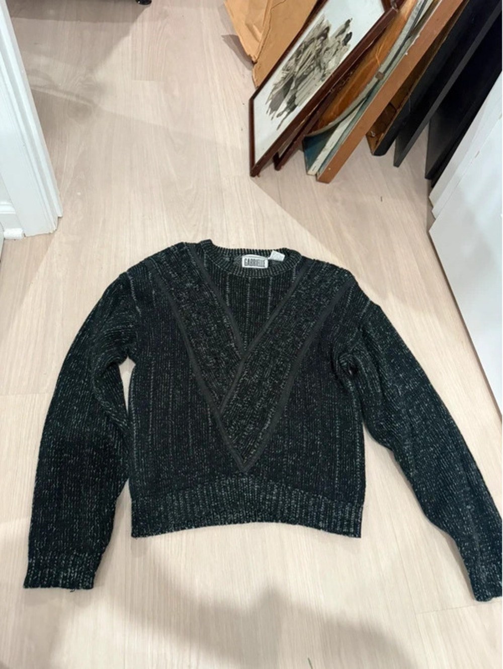 Vintage Mens Gabrielle Chunky Leather Trim Pullover Crewneck Dad Sweater size L
